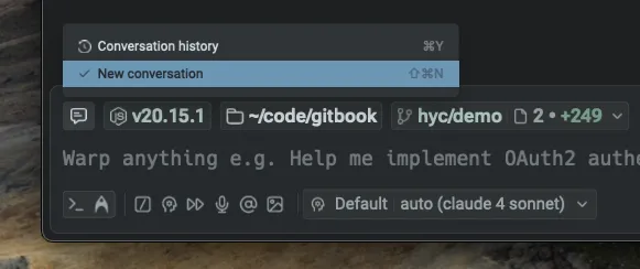 The Conversation Management chip displays recent Agent conversations and lets you continue or reopen them directly from the input.