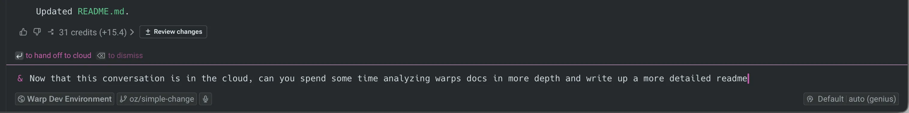The handoff flow with a follow-up prompt entered before submitting.